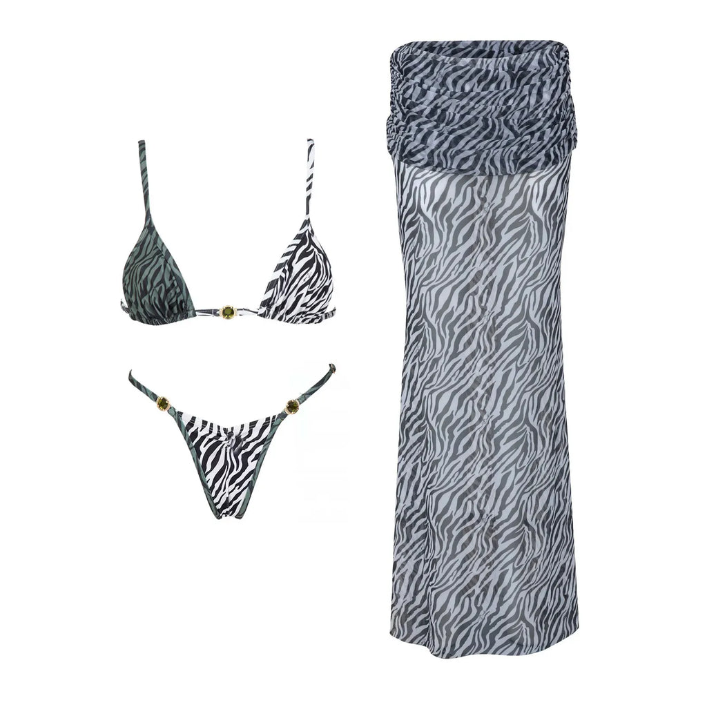 Three-Piece Zebra Print Swimwear Set with Matching Sheer Mesh Pants