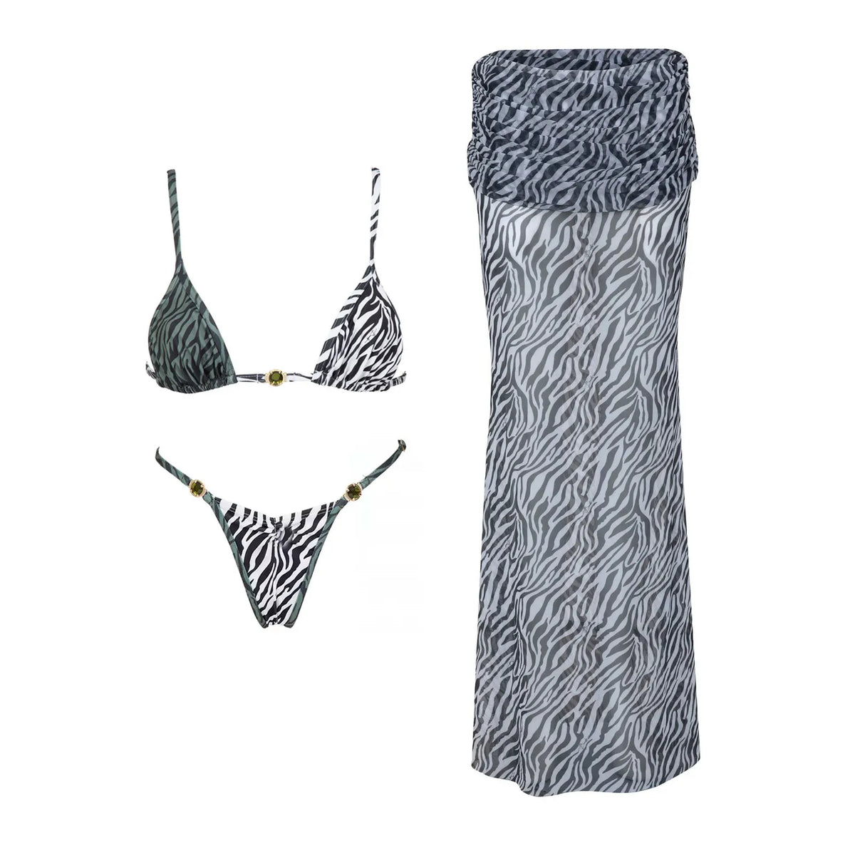 Three-Piece Zebra Print Swimwear Set with Matching Sheer Mesh Pants