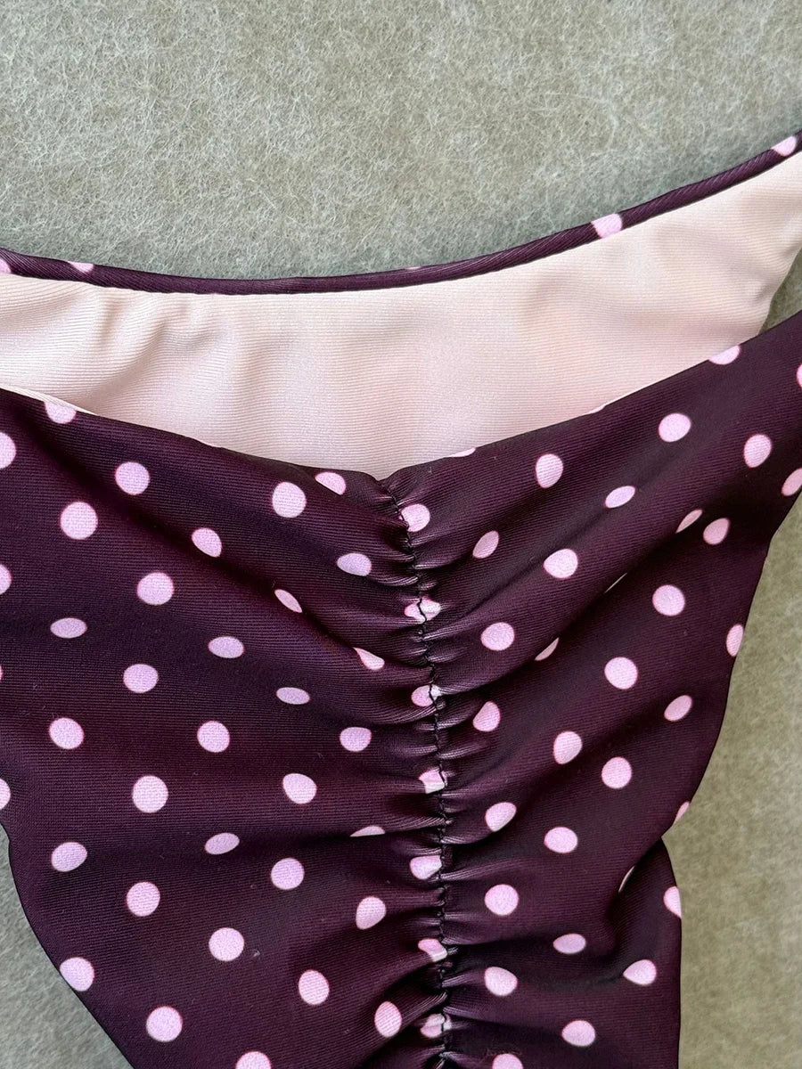 Retro Polka Dot Triangle String Bikini with Contrast Pink Straps