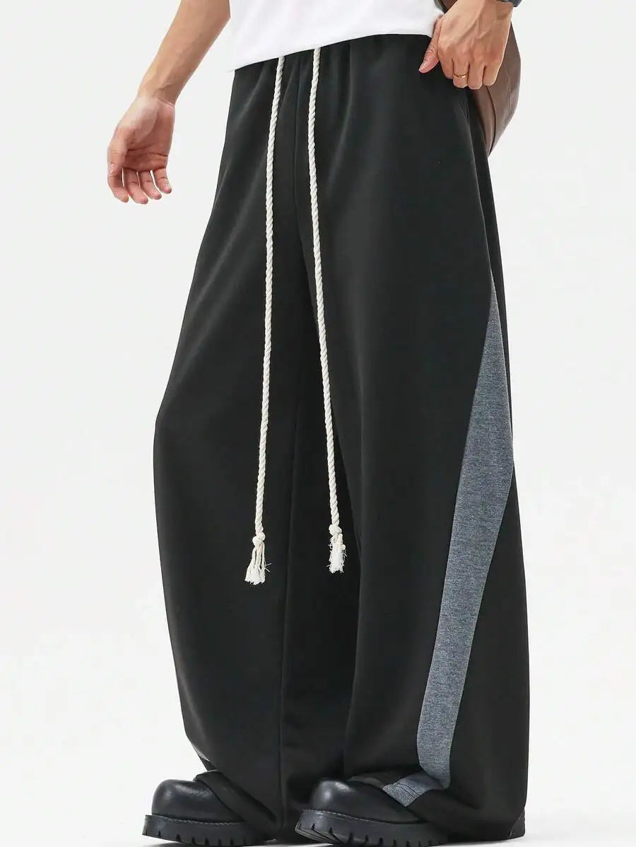 Men's Wide Leg Drawstring Sweatpants with Contrast Panel Design and Relaxed Fit