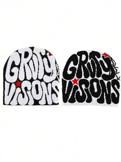 Bold Typography Acrylic Knit Beanie for Contemporary Streetwear Winter Casual Everyday Fashion Style