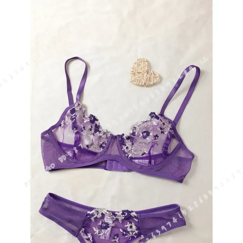 Ethereal Violet Sheer Mesh and Floral Embroidered Underwire Bra Set