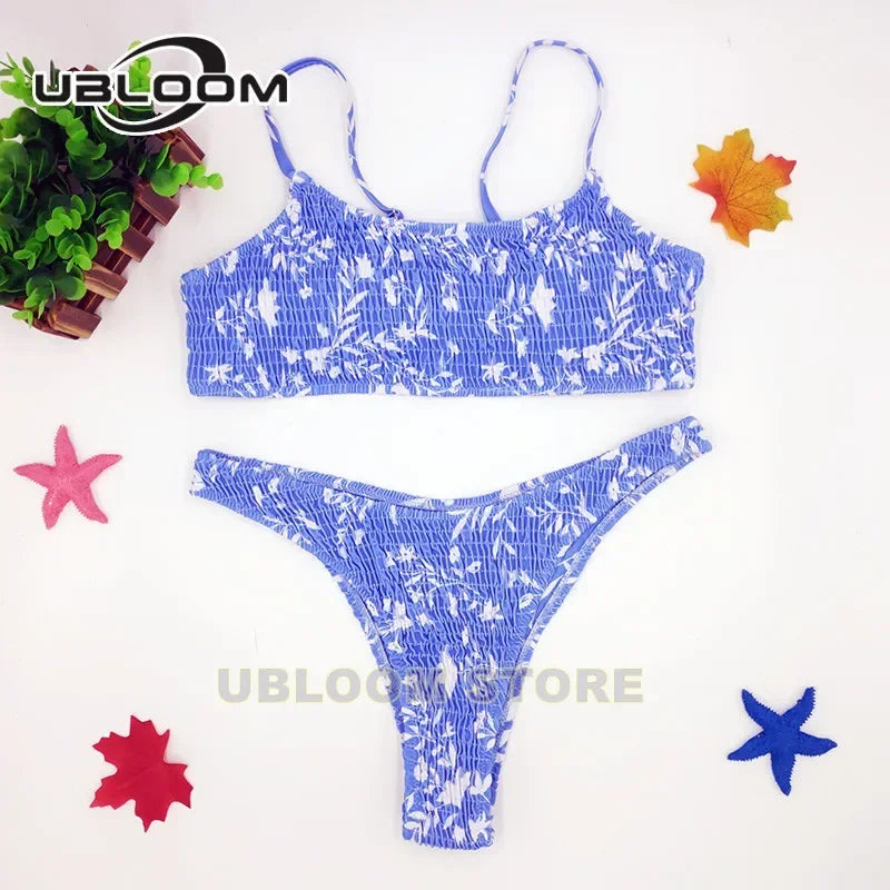 Vibrant Green Floral Underwire Bikini with Ruched Texture