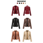 Women's Minimalist Faux Leather Zip Jacket with Stand Collar Contemporary Streetwear Style