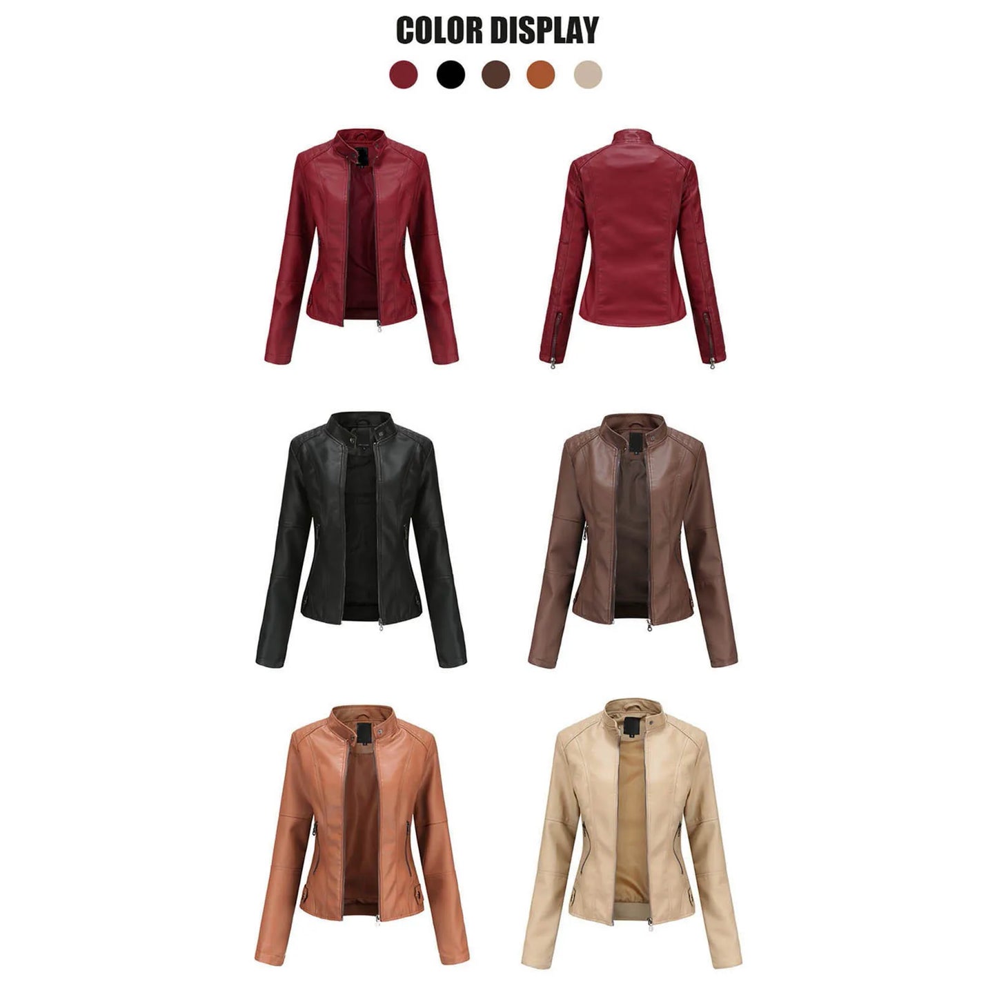 Women's Minimalist Faux Leather Zip Jacket with Stand Collar Contemporary Streetwear Style