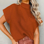 Women's Mock Neck Knit Sweater Vest with Relaxed Cap Sleeve Silhouette