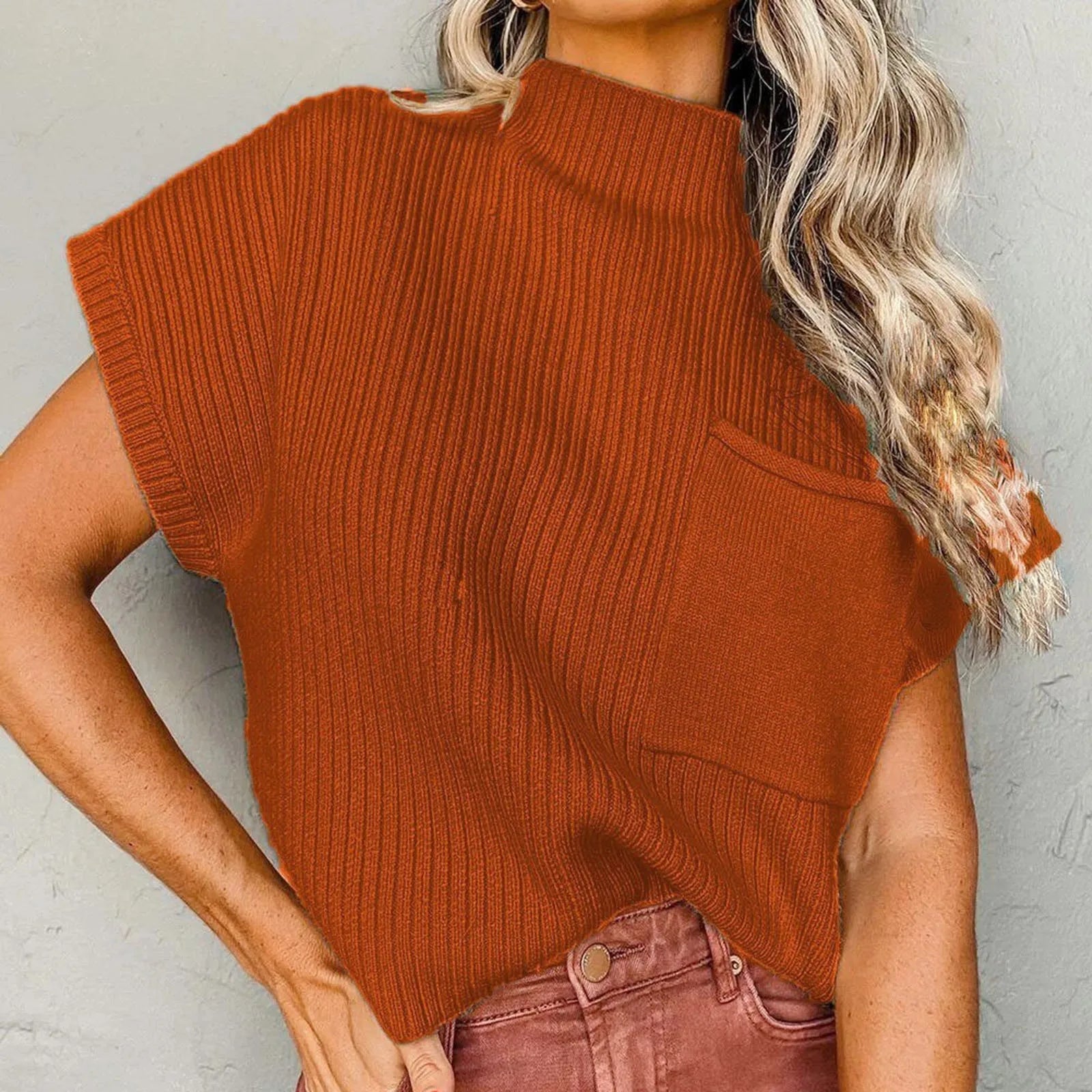 Women's Mock Neck Knit Sweater Vest with Relaxed Cap Sleeve Silhouette