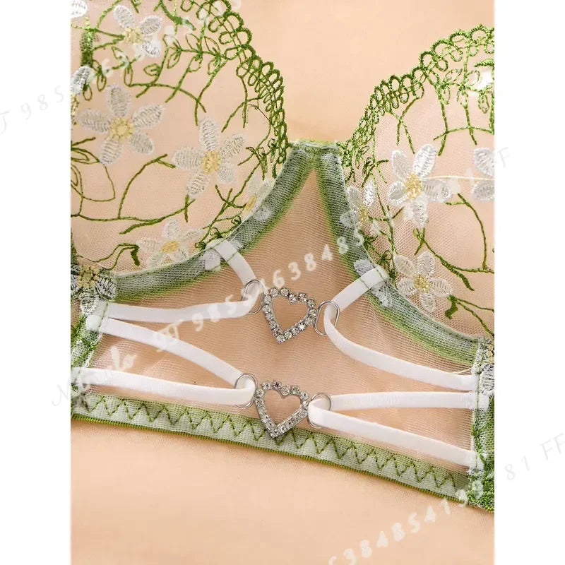 Ethereal Green Mesh and White Daisy Embroidered Underwire Bra Set