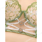 Ethereal Green Mesh and White Daisy Embroidered Underwire Bra Set