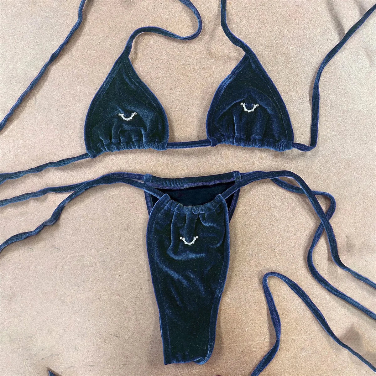 Deep Plum Velvet-Texture String Bikini with Delicate Hardware Accents