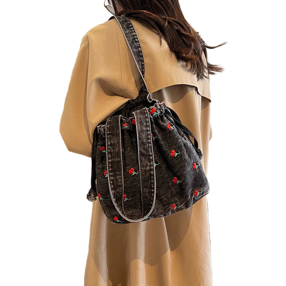 Denim Drawstring Hobo Tote Bag with Embroidered Detail Everyday Carry Design