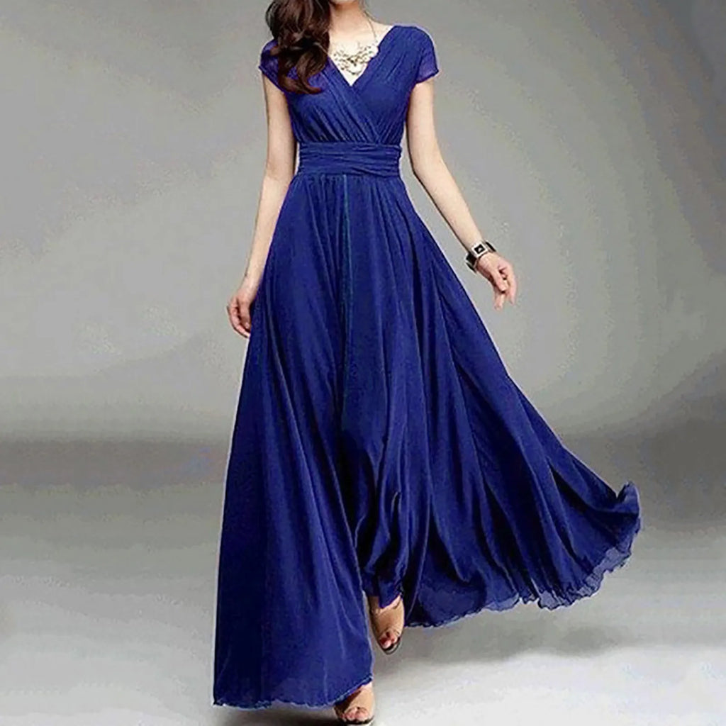 Flowing V Neck Maxi Dress With Soft Pleated Movement