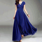 Flowing V Neck Maxi Dress With Soft Pleated Movement