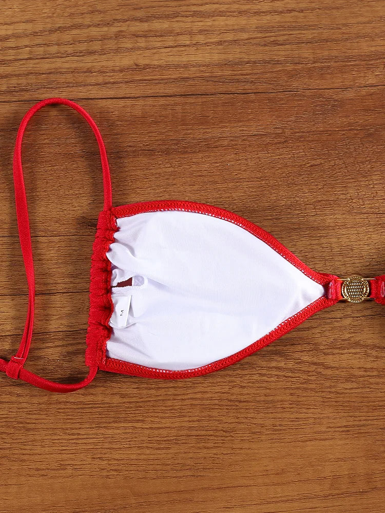 Crimson Red Triangle Bikini Set with Ruched Detailing and Gold-Tone Hardware