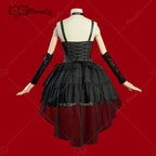 Women's Layered Gothic Dress with Detachable Mesh Train and Coordinated Gloves Set