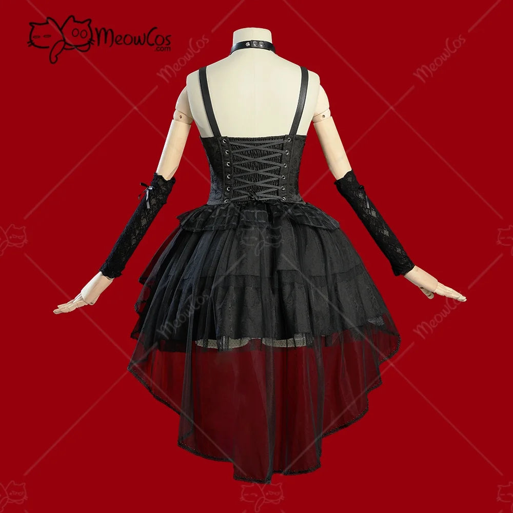Women's Layered Gothic Dress with Detachable Mesh Train and Coordinated Gloves Set