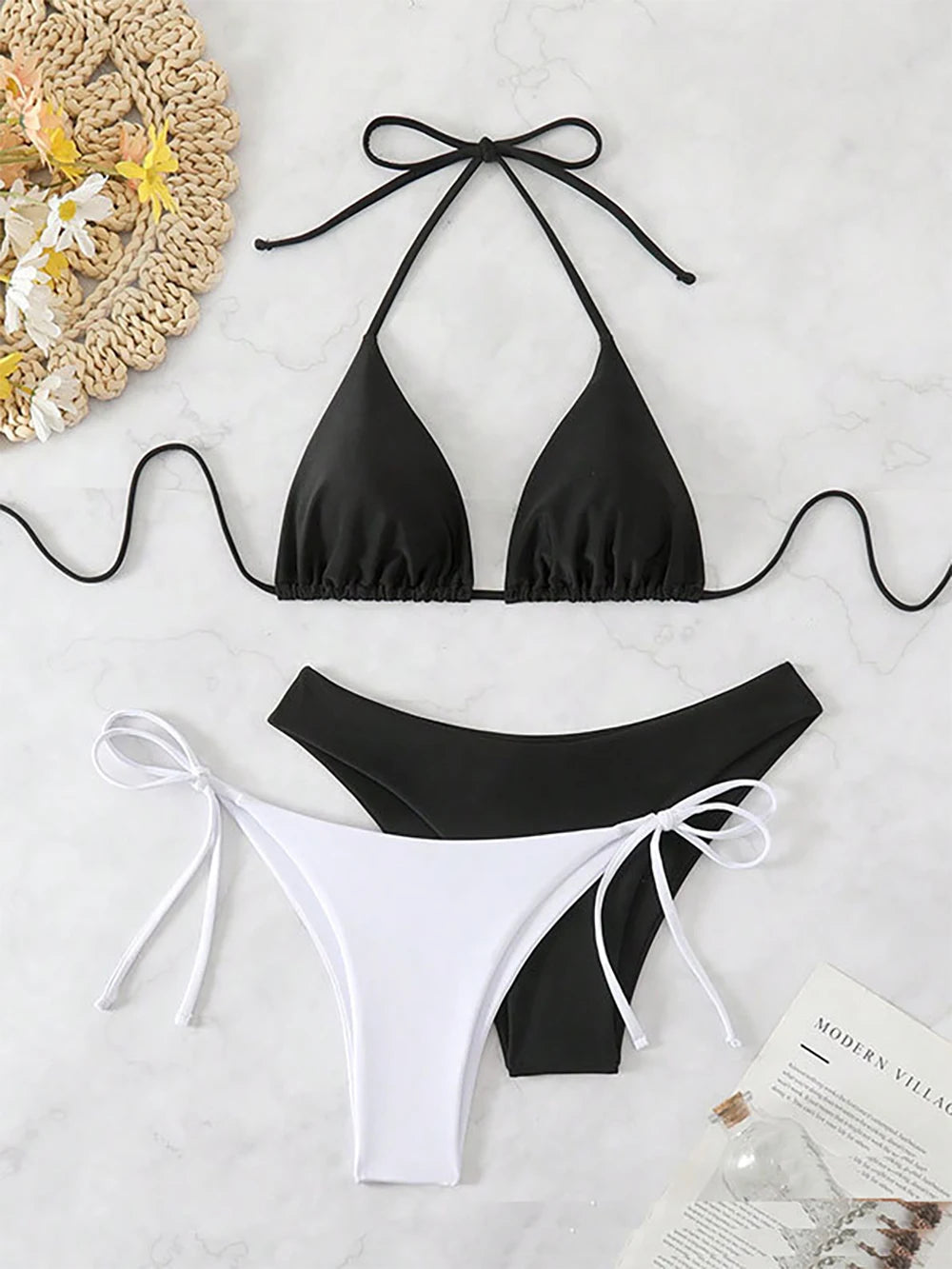 Solid White Three-Piece Triangle Bikini Set with Side-Tie Details