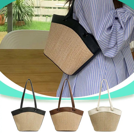 Handwoven Straw Style Tote Bag with Large Capacity Shoulder Carry Design