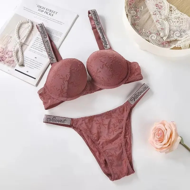 Vivid Magenta Contour Bra and Thong Set with Crystal-Embellished Straps