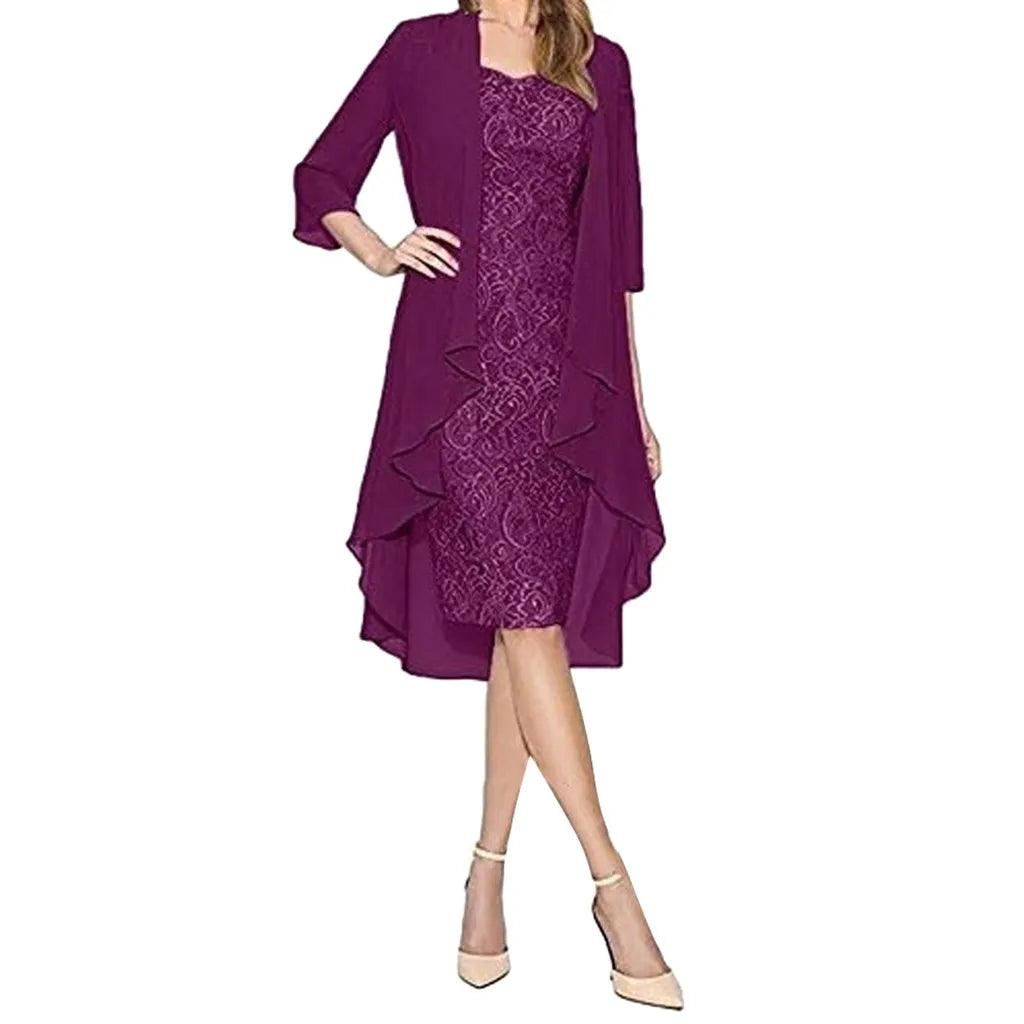 Elegant Two-Piece Lace Midi Dress and Flowing Sheer Duster Jacket Set