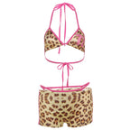 Three-Piece Leopard Print String Bikini Set with Pink Contrast Binding