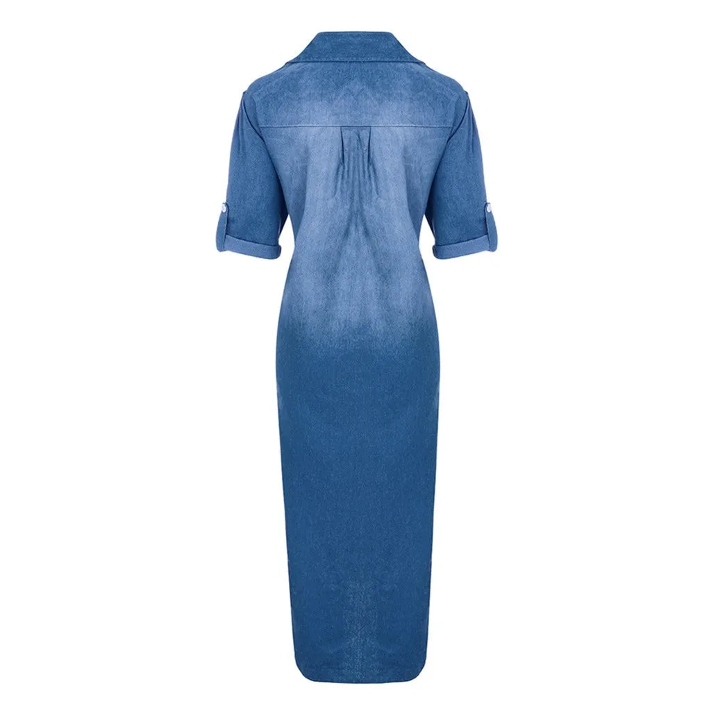 Oversized V-Neck Denim Inspired Maxi Dress with Half Sleeves and Side Slits