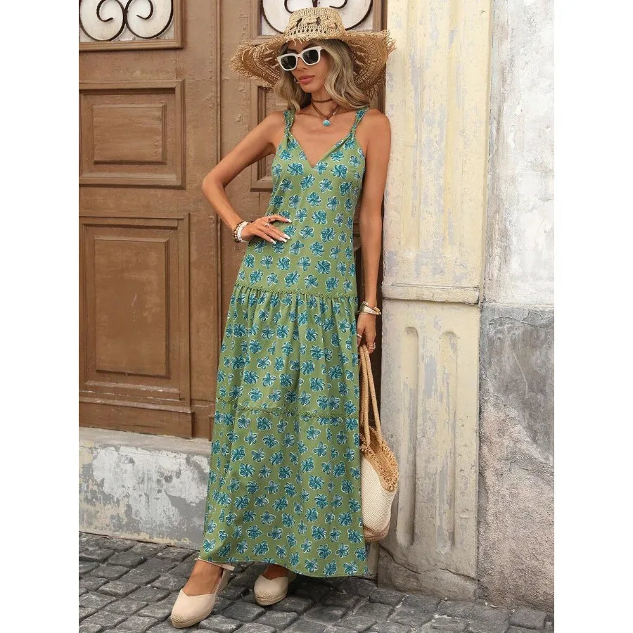 Sleeveless Floral Maxi Dress with Cinched Waist and Flowing A-Line Shape
