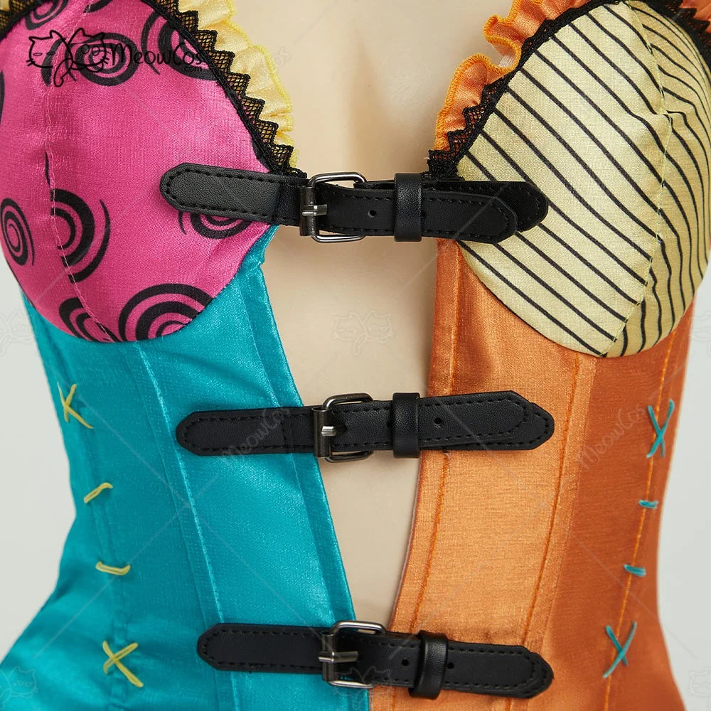 Women's Velvet Corset and Double Layered Patchwork Skirt Costume Set with Matching Accessories