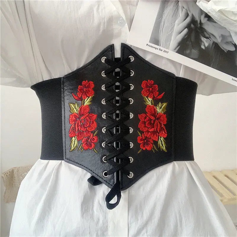 Embroidered Faux Leather Corset Belt with Wide Waist-Defining Silhouette