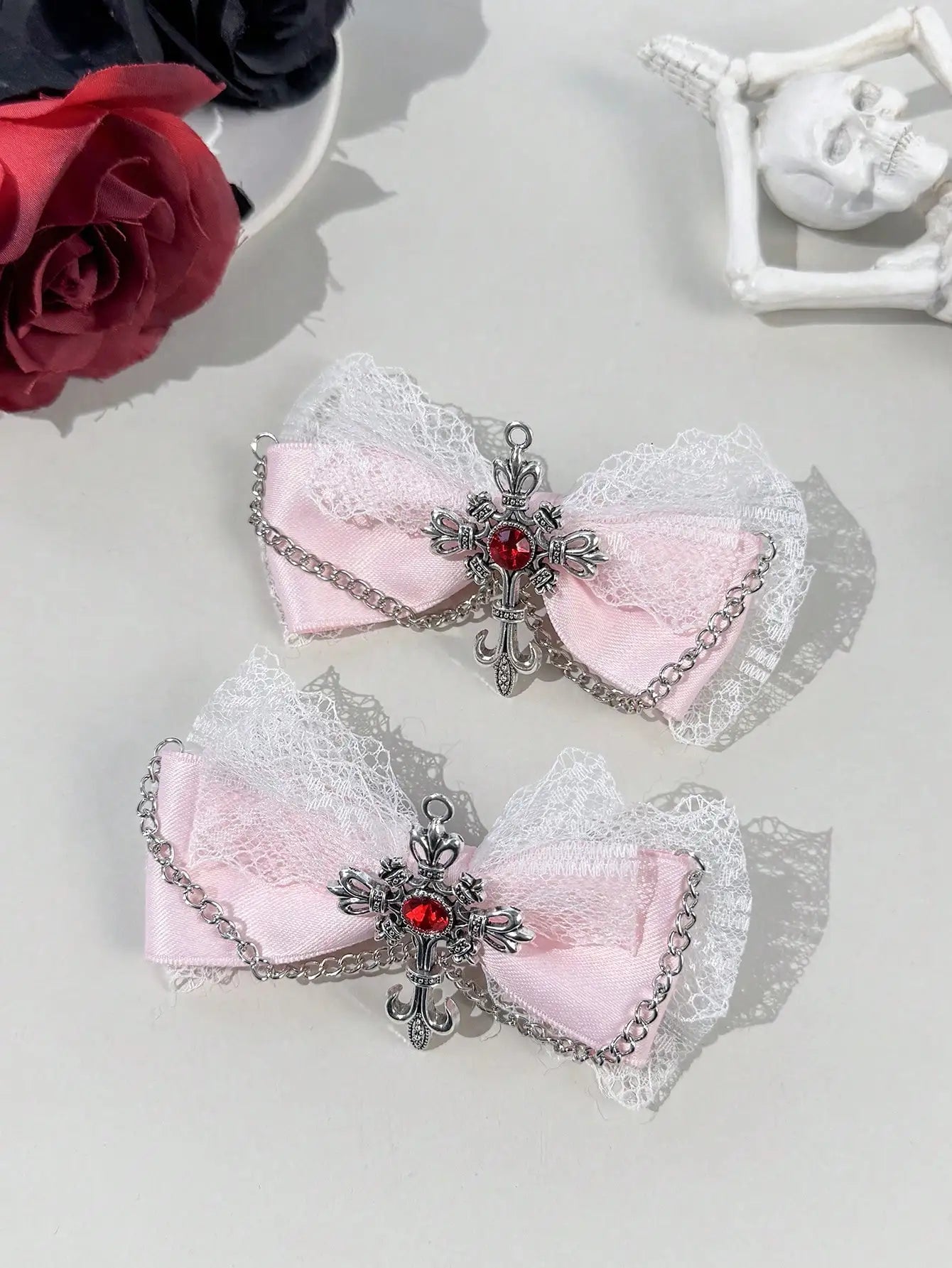 Gothic Lace Bow Hair Clips With Cross Chain Statement Accents