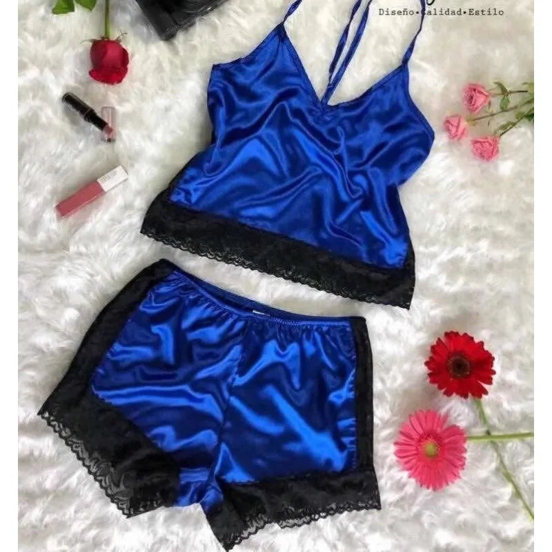 Striking Red Satin-Finish Camisole and Shorts Sleep Set with Wide Black Lace Trim