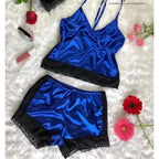 Striking Red Satin-Finish Camisole and Shorts Sleep Set with Wide Black Lace Trim