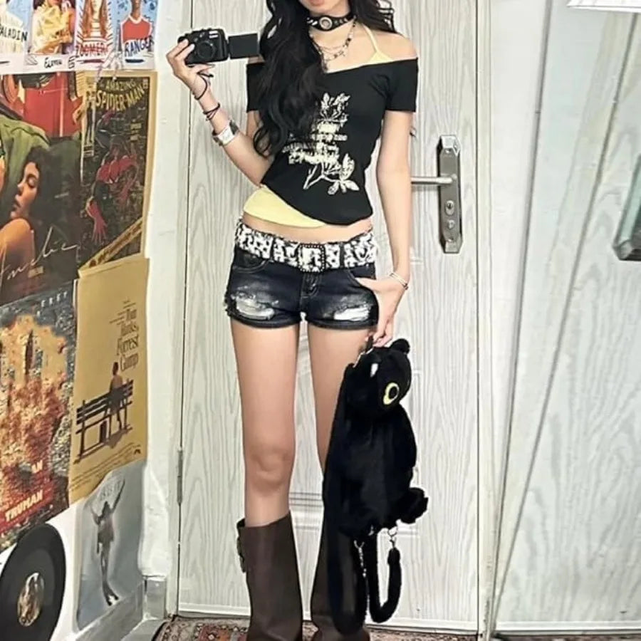 Layered Graphic Baby Tee with Contrast Panels and Alternative Y2K Styling