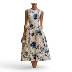 Elegant Blue Floral Print Sleeveless Midi Dress with Pleated Skirt