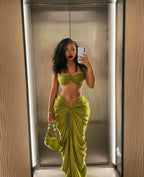 Solid Olive Green Bandeau Swim Set with Draped Maxi Skirt Cover-Up