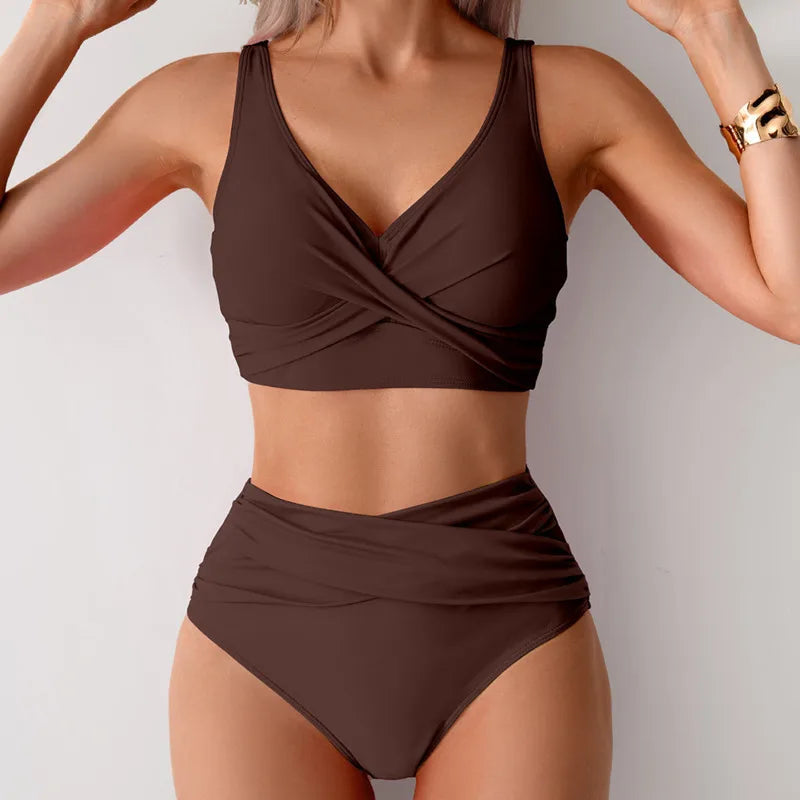 Chocolate Brown Crossover Bralette Swim Set with High-Waisted Bottoms