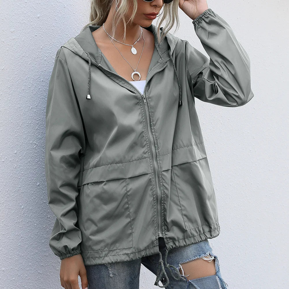 Women's Hooded Waterproof Windproof Outdoor Jacket with Lightweight Thermal Streetwear Windbreaker Design