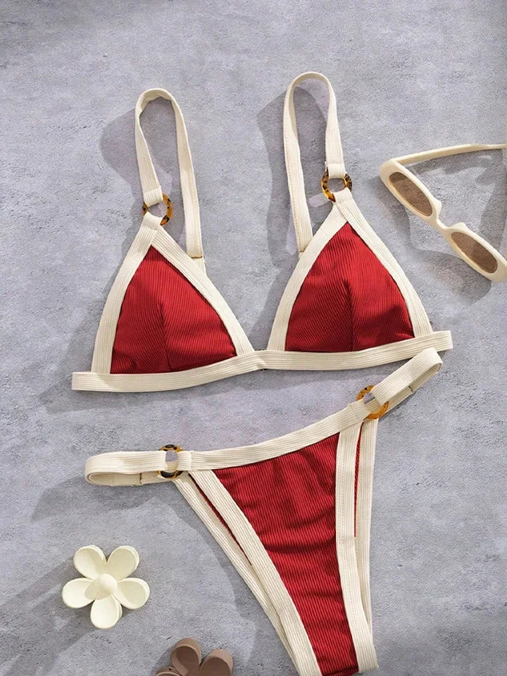 Textured Taupe Bikini with Contrast White Piping and Hardware Accents