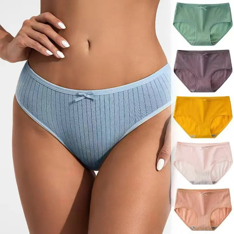 Seven-Piece Ribbed Cotton Blend Mid-Rise Brief Set with Bow Detail