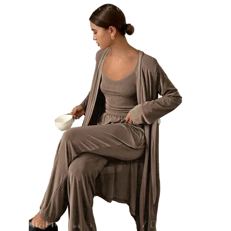 Women's Three-Piece Fall Pajama Set with Sleeveless Camisole, Long-Sleeve Robe and Matching Ankle-Length Pants
