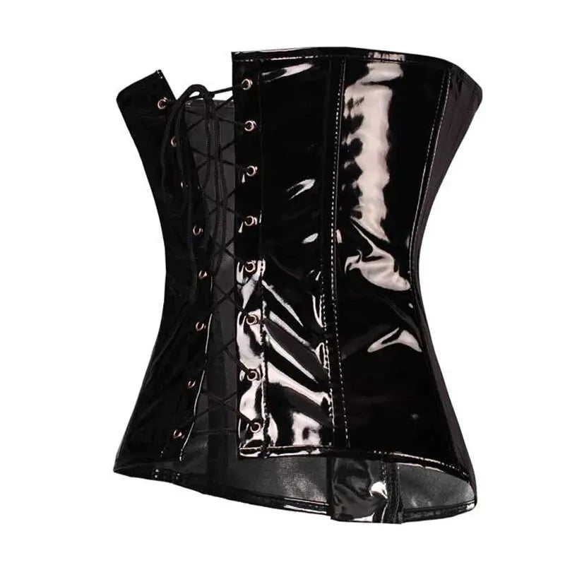 High-Shine Black Faux Leather Underbust Waist Cincher with Front Metal Busk