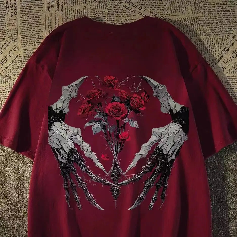Vintage Skull Graphic Streetwear Cotton T-Shirt With Rose Artwork Design