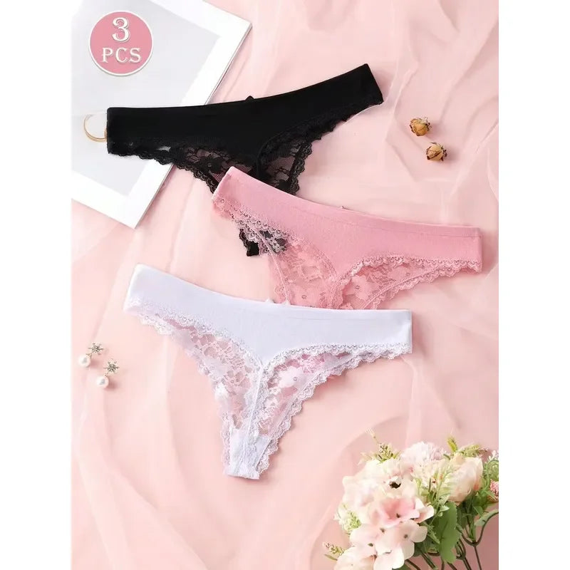 3-Piece Women’s Floral Lace Thong Set with Sheer-Look Panels, Low-Rise Silhouette and Assorted Feminine Colors
