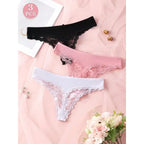 3-Piece Women’s Floral Lace Thong Set with Sheer-Look Panels, Low-Rise Silhouette and Assorted Feminine Colors