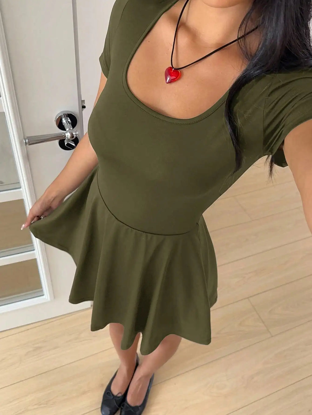 Square Neck Short Sleeve A-Line Mini Dress with Flared Skater Silhouette