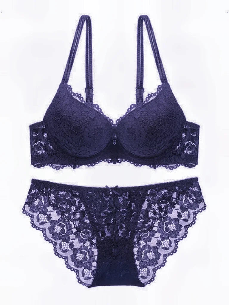 Rich Berry Floral Lace Push-Up Bra and Scalloped Panty Set with Double Strap Detail