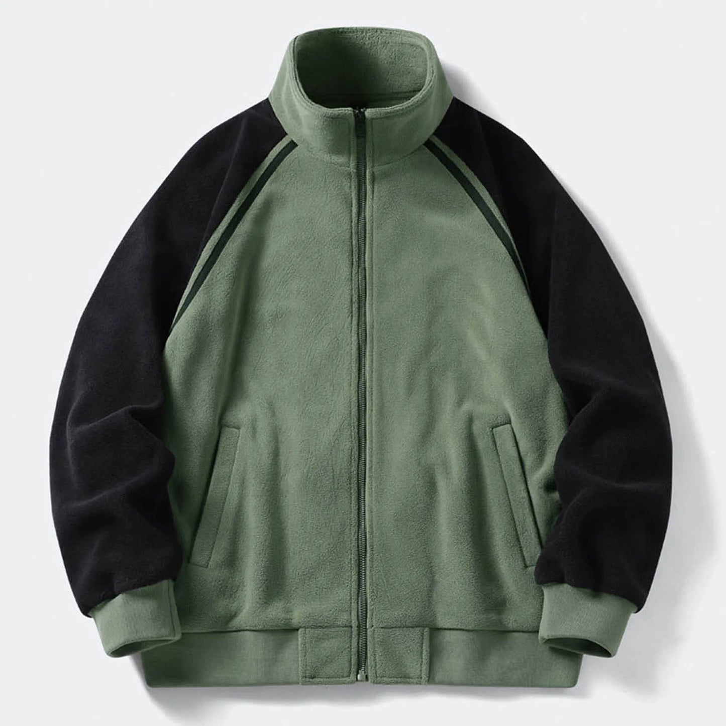 Men's Stand Collar Full Zip Fleece Jacket with Utility Pockets for Modern Streetwear Style
