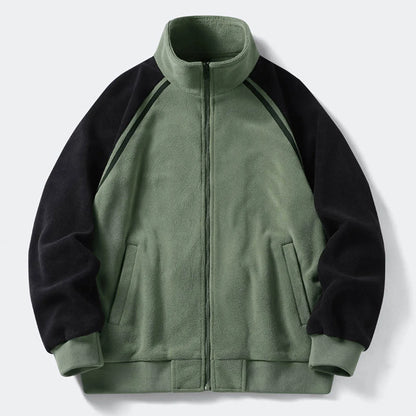 Men's Stand Collar Full Zip Fleece Jacket with Utility Pockets for Modern Streetwear Style