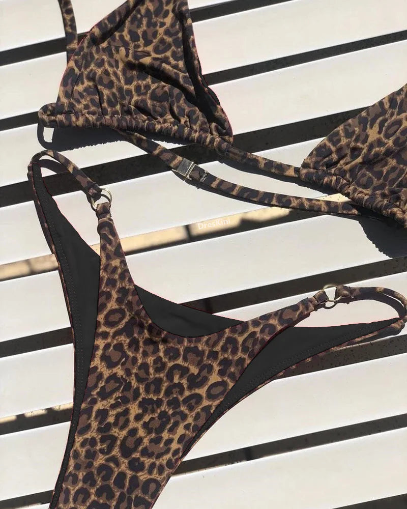 Fierce Leopard Print Plunge Triangle Bikini Set with Metallic Ring Accents