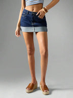 Low Rise Denim Mini Skirt with Folded Hem Pocket Detail Streetwear